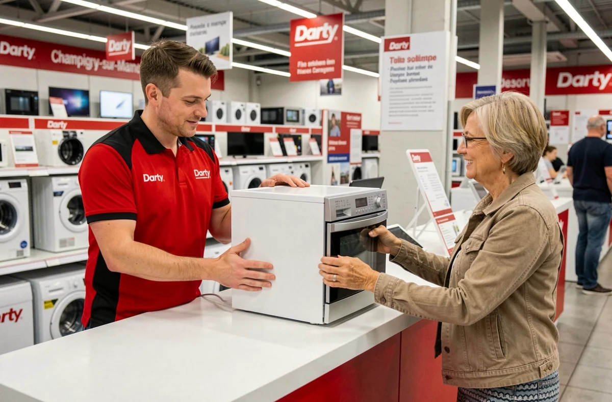 Comptoir de service après-vente Darty à Champigny-sur-Marne, avec un technicien accueillant un client pour une réparation d'électroménager