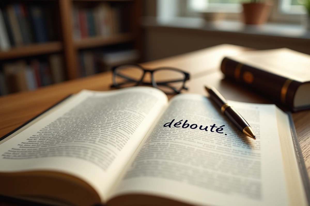 Livre de droit ouvert avec un mot débouté écrit à la main sur un carnet, symbolisant la recherche de définitions juridiques par un justiciable