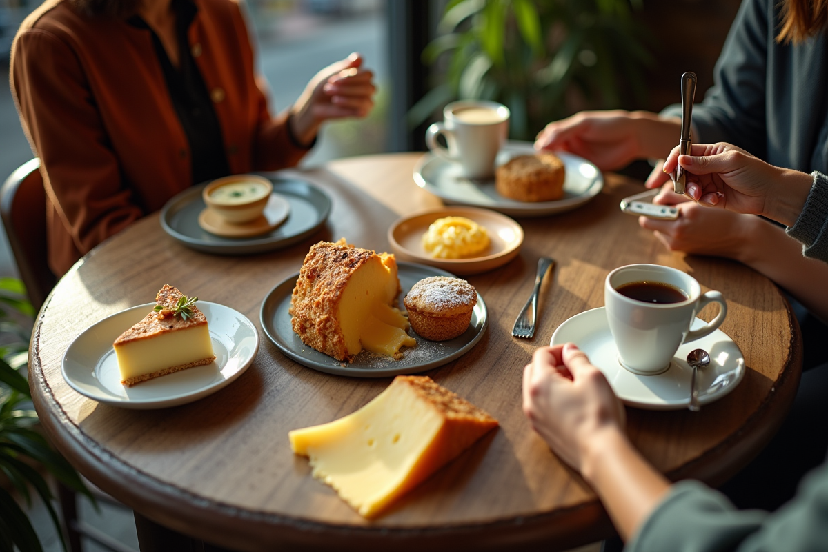 Deux personnes dégustant fromages et pâtisseries dans un café cosy