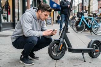 Jeune homme examinant les composants d'une trottinette électrique sur un trottoir urbain, tenant un tournevis