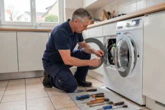 Technicien en réparation d'électroménager intervenant dans un appartement du Val-de-Marne, illustrant le thème des meilleurs dépanneurs électroménager du 94