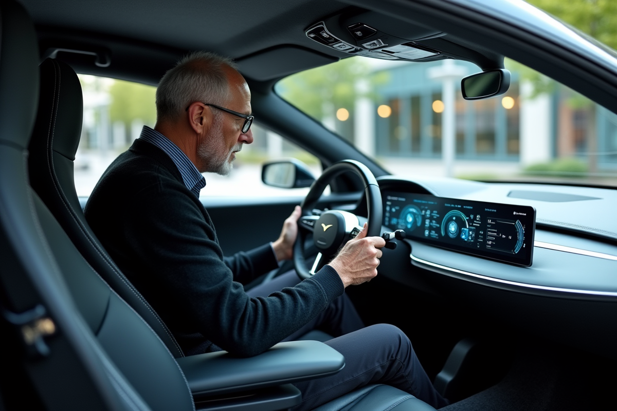 Designer automobile âgé examinant un tableau de bord holographique dans une voiture futuriste