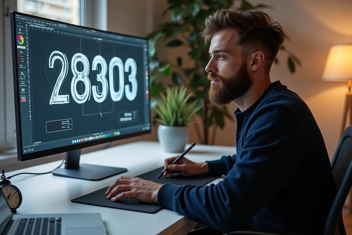 Designer masculin travaillant sur une interface numérique avec des chiffres romains dans un bureau moderne