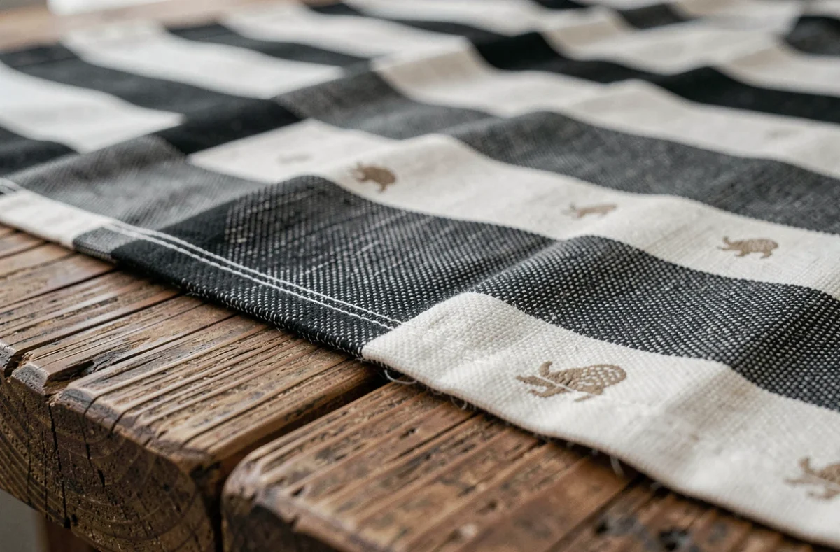 Gros plan détaillé sur le tissu du drapeau breton Gwenn ha du posé sur une table en chêne, révélant la texture des neuf bandes et le motif des hermines brodées