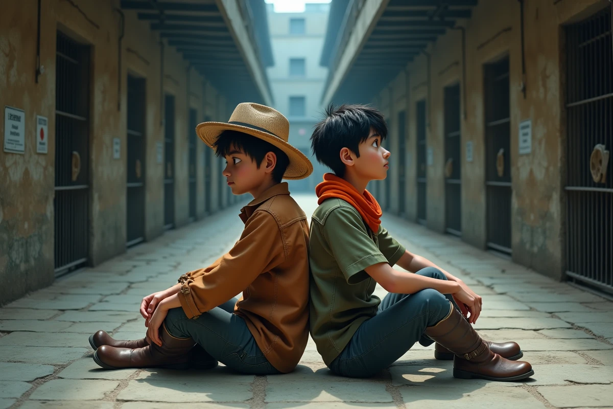 Deux hommes assis dos à dos dans une cellule de prison en pierre