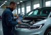 Mécanicien utilisant une tablette pour inspecter un moteur hybride