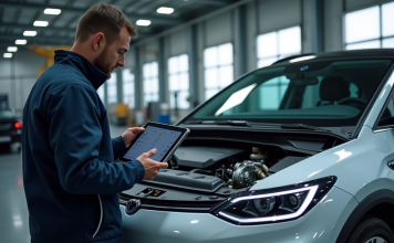 Défauts d’une voiture hybride : comment les identifier et les résoudre ? Mécanicien utilisant une tablette pour inspecter un moteur hybride