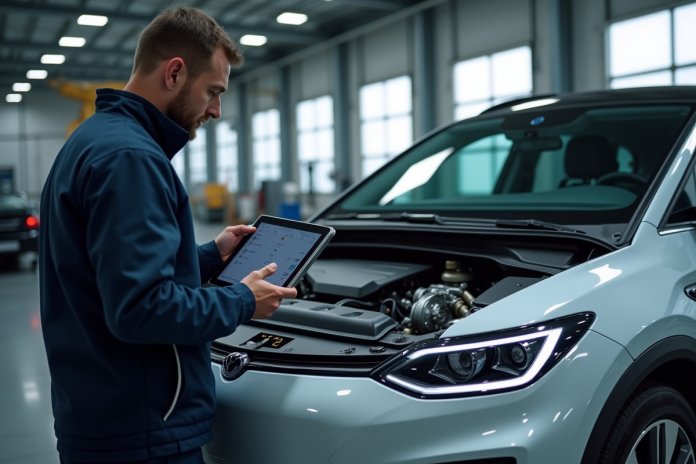 diagnostic-voiture-hybride Mécanicien utilisant une tablette pour inspecter un moteur hybride