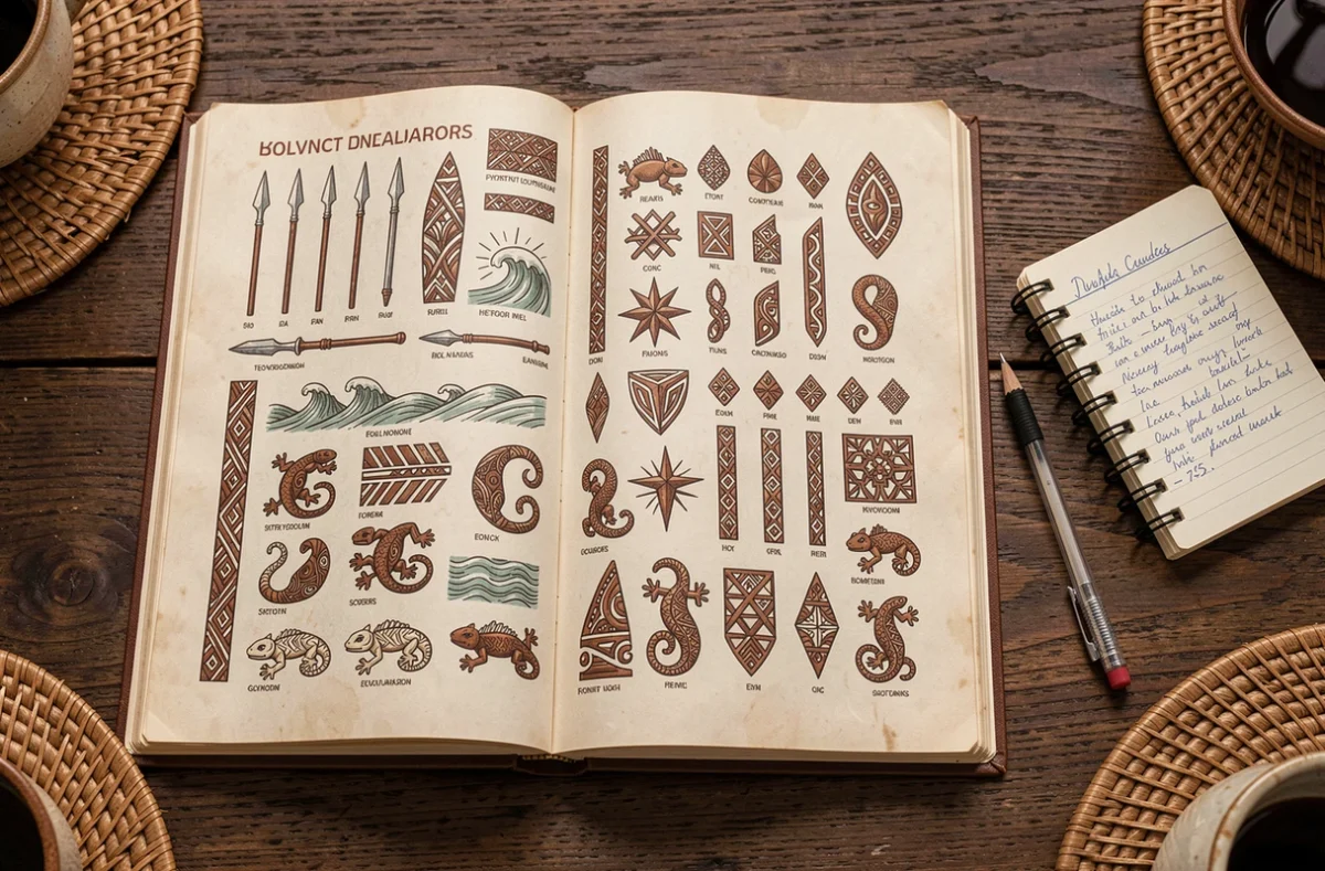 Gros plan d'un dictionnaire de symboles de tatouage polynésien ouvert sur une table en teck avec des motifs de pointes de lance, vagues, geckos et géométrie tribale annotés