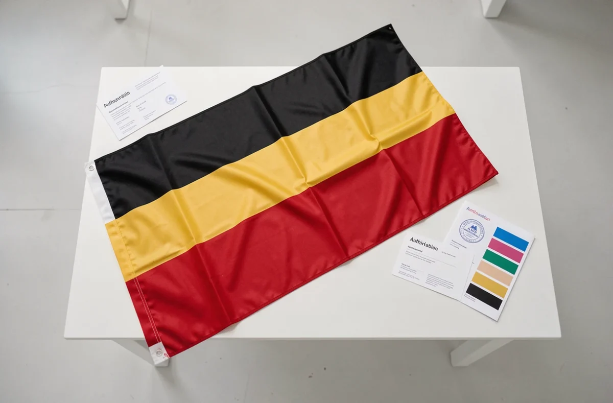 Vue à plat d'un drapeau noir jaune rouge officiel sur une table avec des fiches d'authentification et des nuanciers de couleurs de référence