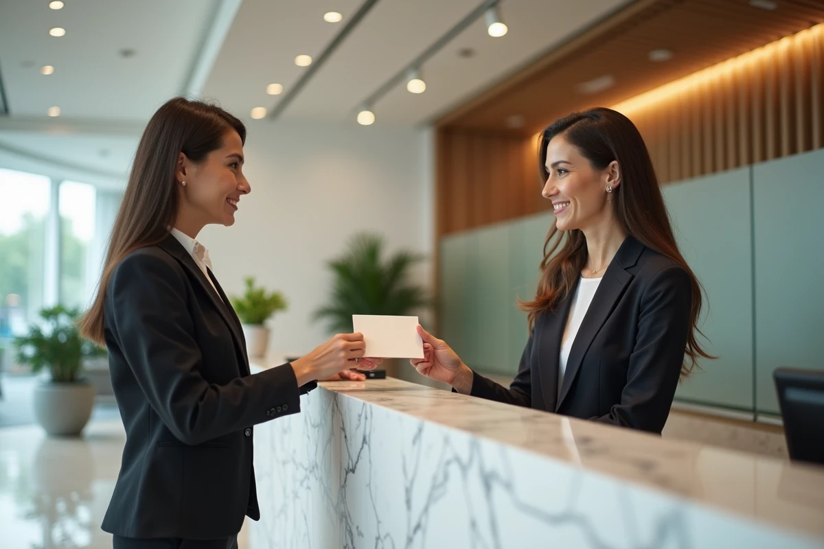 Deux femmes professionnelles échangeant une carte de remerciement dans un hall de bureau contemporain