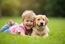Enfant riant allongé sur l'herbe avec un chiot labrador