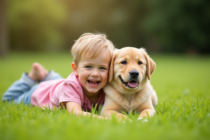 Enfant riant allongé sur l'herbe avec un chiot labrador