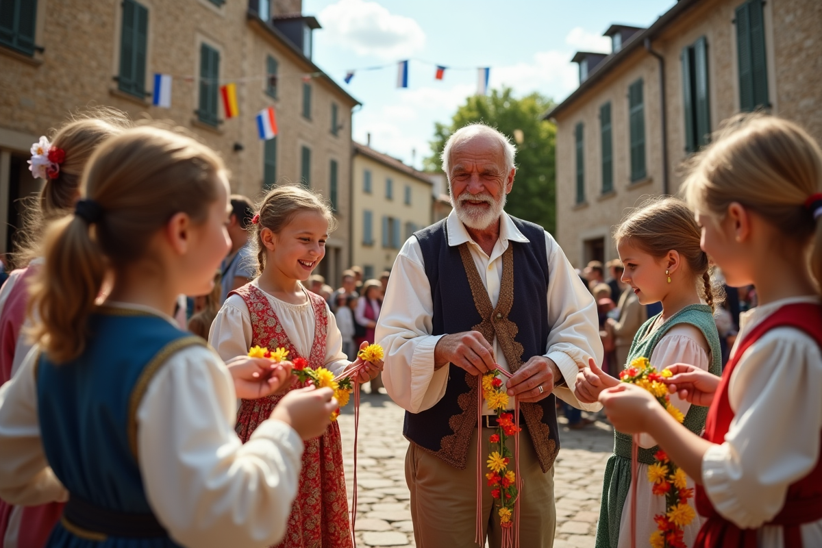 Enfants et vieil homme tressant des guirlandes lors d une fête villageoise