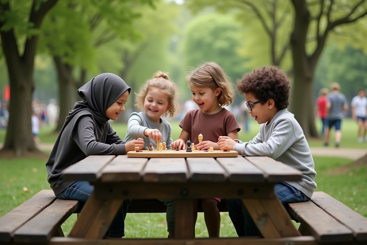 Trois enfants jouant à un jeu de société dans un parc verdoyant