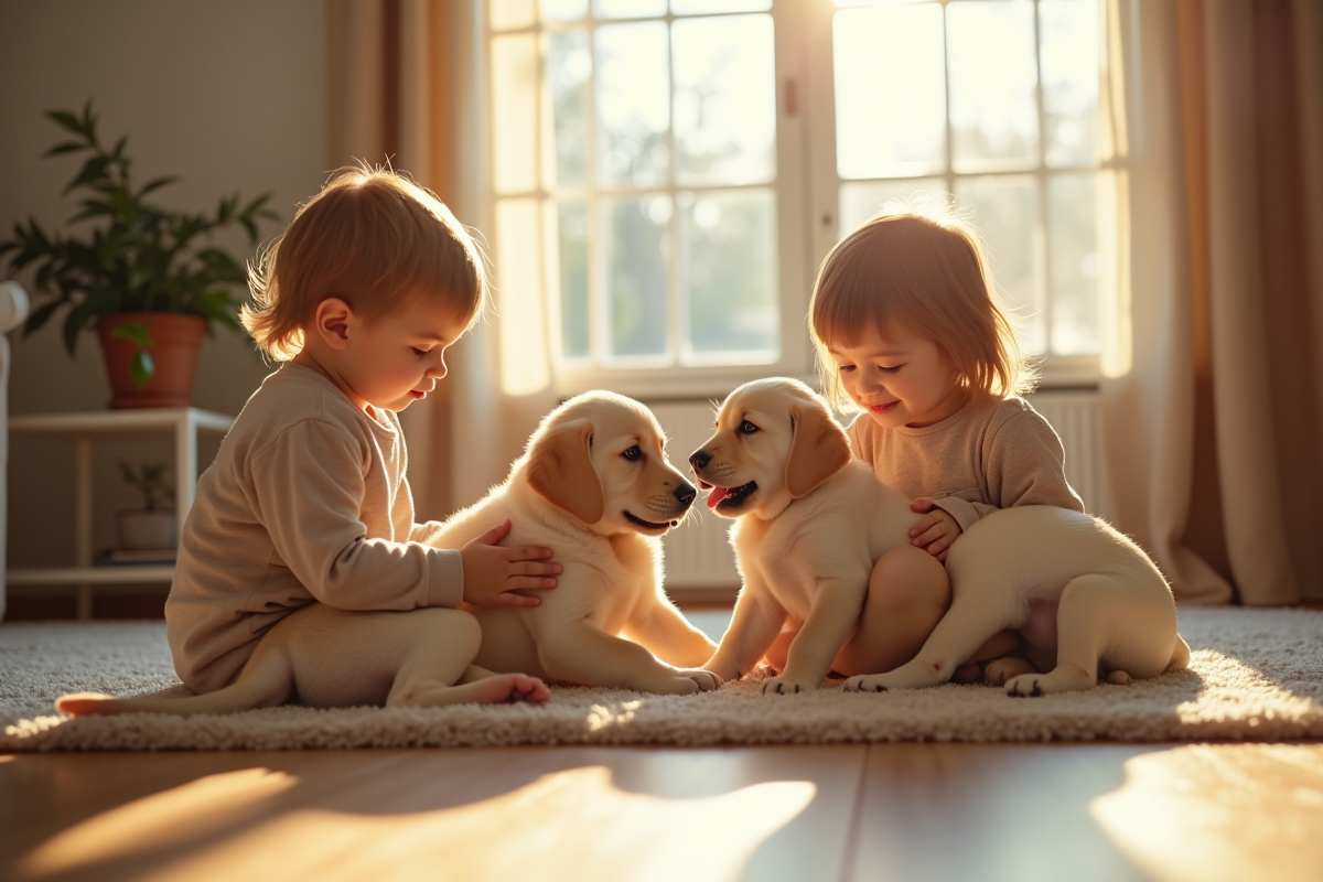 Deux enfants jouant avec des chiots labrador dans le salon