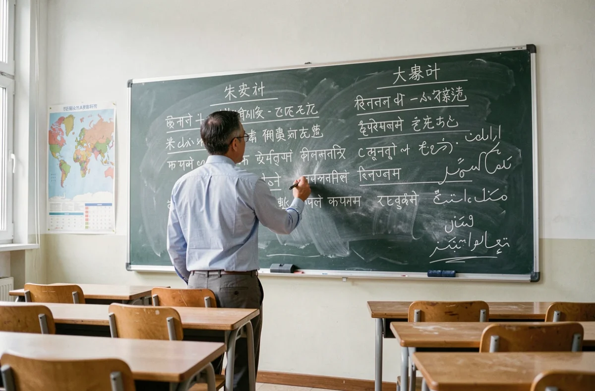 Enseignant écrivant les noms des pays asiatiques et leurs langues officielles au tableau dans une salle de classe avec des scripts variés