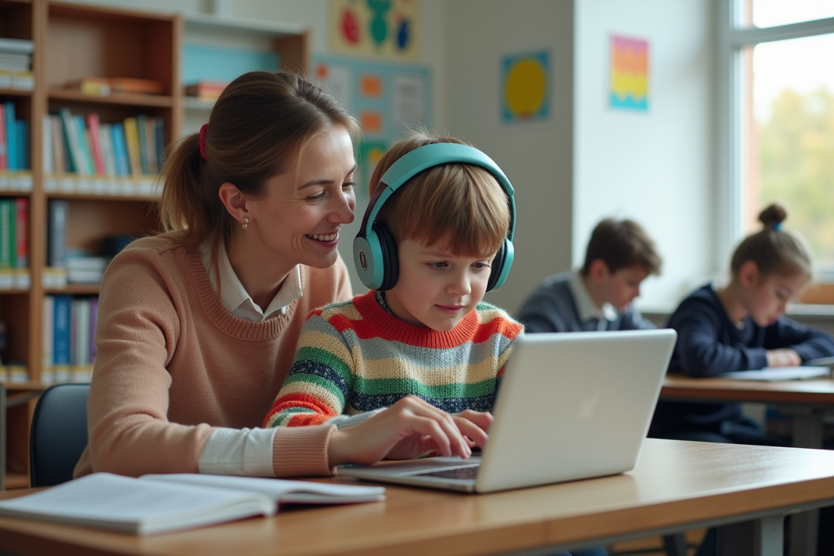 Enseignante guidant un élève dans la bibliothèque scolaire