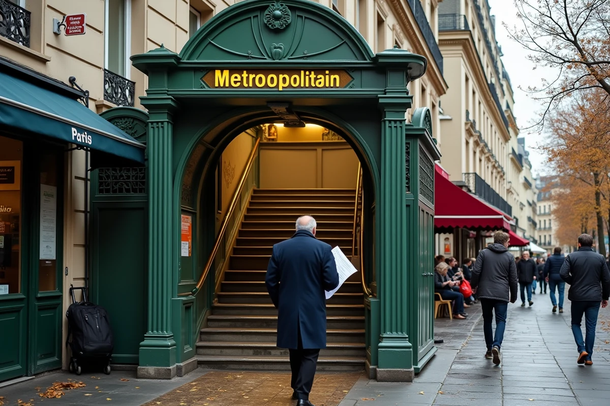 Entrée de station de métro parisienne ligne 3 avec canopée Art Nouveau verte et piétons sur le trottoir