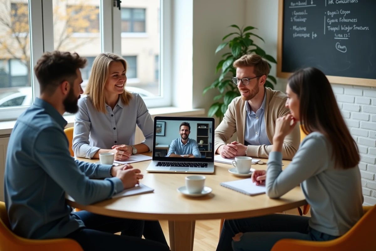 Équipe de salariés en visioconférence avec un prestataire RH externalisé dans une salle de pause, montrant le maintien du dialogue et du lien avec les équipes