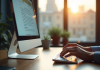 Espace de travail moderne avec écran webmail lumineux