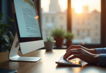 Espace de travail moderne avec écran webmail lumineux