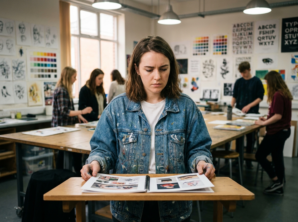 Étudiante en illustration comparant ses planches de portfolio dans une école d'art spécialisée