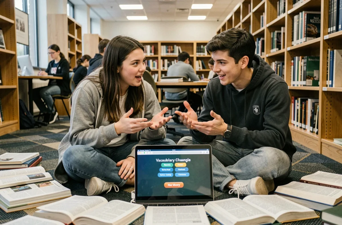 Deux étudiants collaborant sur le jeu Pédantix avec des livres de référence ouverts sur le sol d'une bibliothèque universitaire