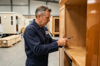 Artisan français inspectant les finitions en bois d'un mobil-home haut de gamme dans un atelier de fabrication