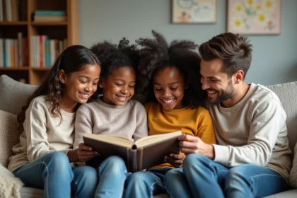 Famille multiraciale souriante regardant un album photo dans le salon