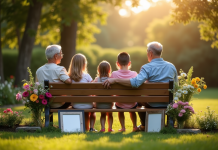 Famille autour d'un banc commémoratif personnalisé dans un jardin ensoleille