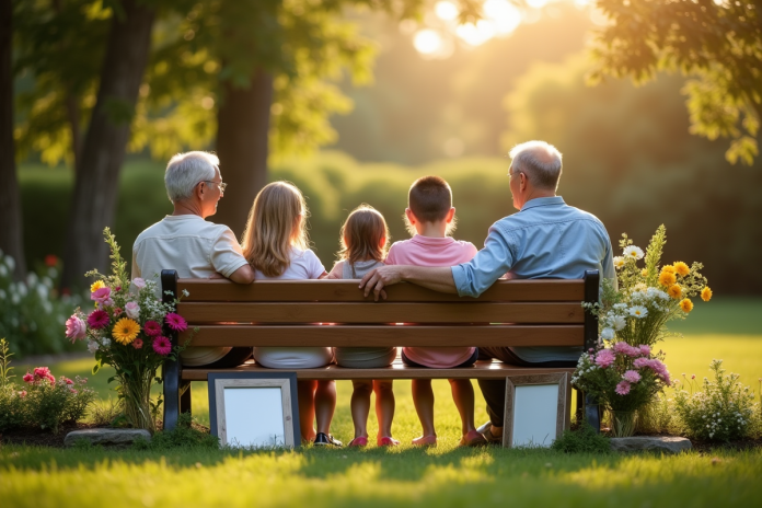 Famille autour d'un banc commémoratif personnalisé dans un jardin ensoleille