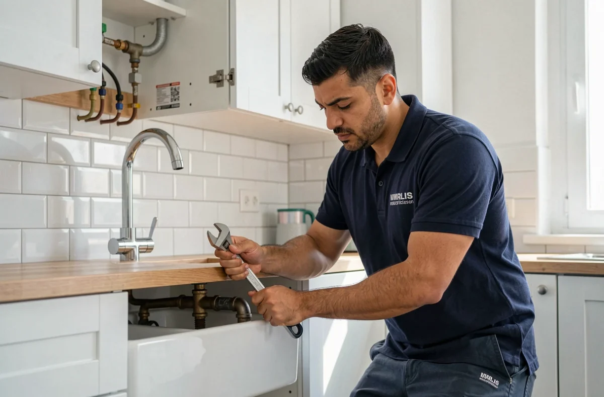 Fahmi Cherif, artisan plombier polyvalent de FC Plomberie, au travail sous un évier de cuisine
