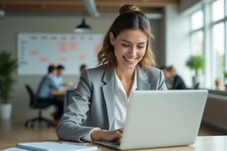 Femme professionnelle gérant son agenda en ligne avec les semaines impaires sur un ordinateur portable au bureau