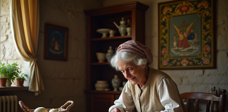 Tradition : valoriser et préserver l’héritage culturel ancien en France Femme âgée en costume traditionnel brodant dans une ferme rustique
