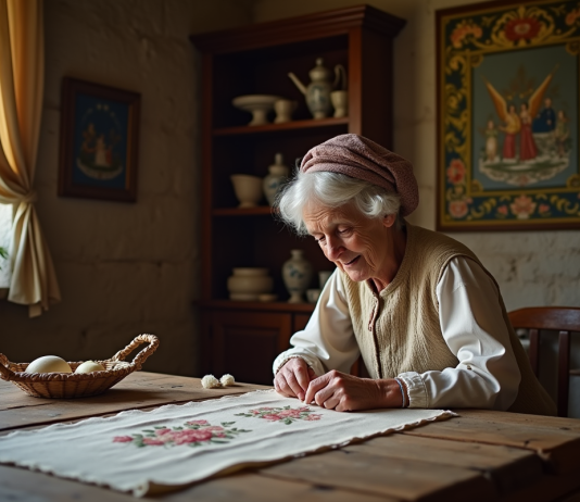 Tradition : valoriser et préserver l’héritage culturel ancien en France Femme âgée en costume traditionnel brodant dans une ferme rustique