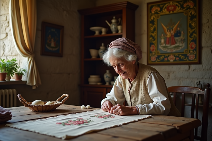 femme-ancienne-costume-traditionnel Femme âgée en costume traditionnel brodant dans une ferme rustique
