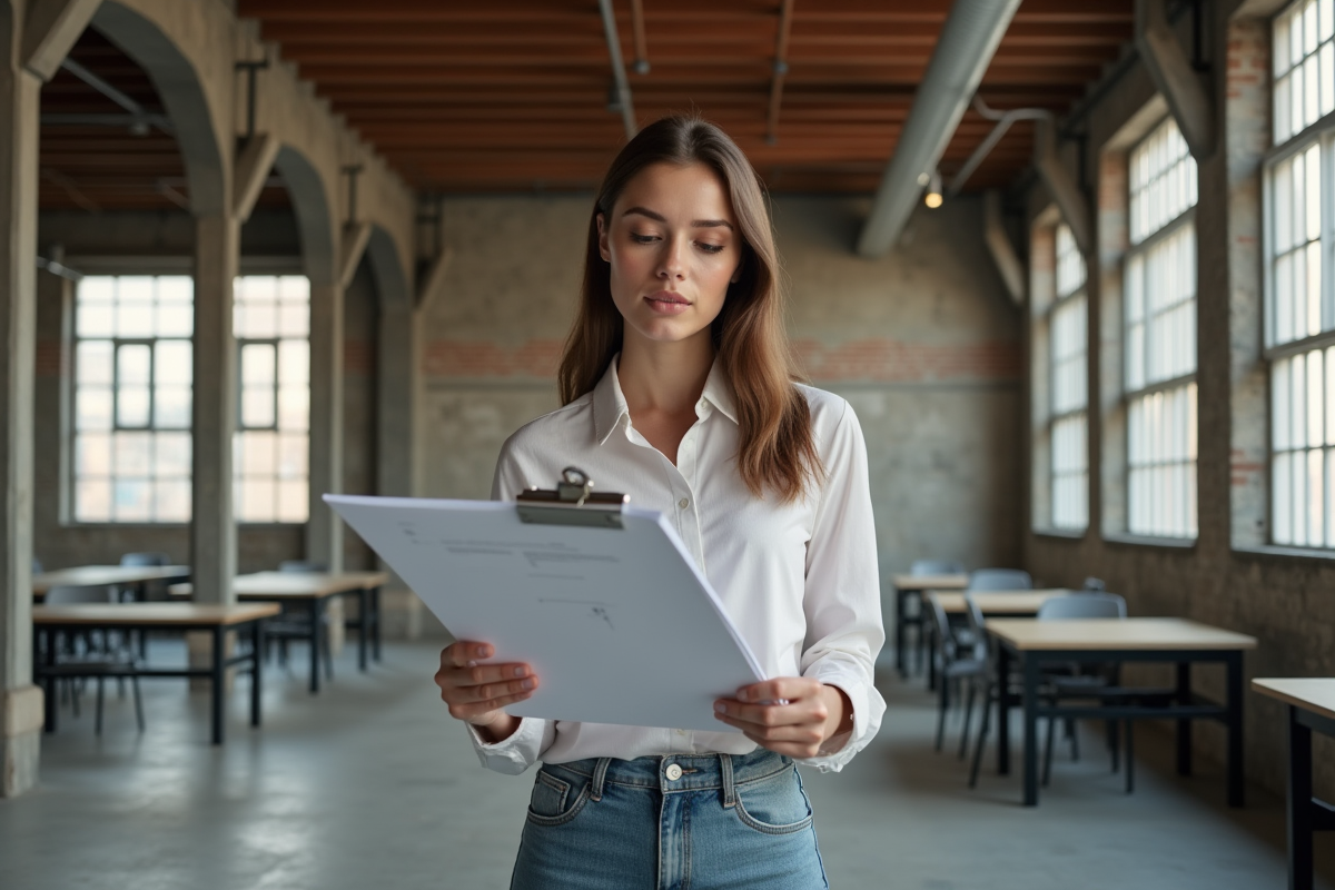 Jeune femme examinant plans dans bureau moderne d