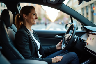 Femme d'âge moyen dans une voiture autonome en ville