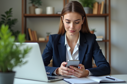 Jeune femme en blazer utilisant une application bancaire sur smartphone