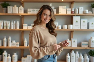 Femme souriante dans une pharmacie moderne et accueillante