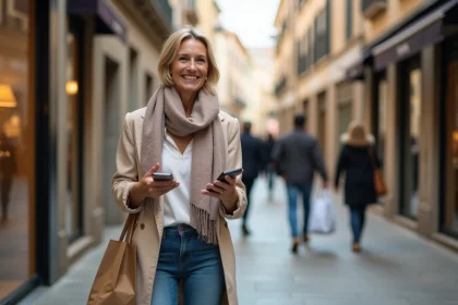 Femme souriante sortant d'une boutique à Montpellier