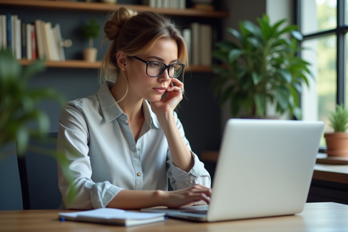 femme-bureau-credit-simulation Femme professionnelle examine des résultats de credit sur son ordinateur