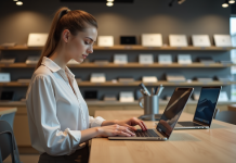 Où acheter votre PC portable Dell 14 pouces : comparatif et avis Jeune femme utilisant un ordinateur portable dans un magasin moderne