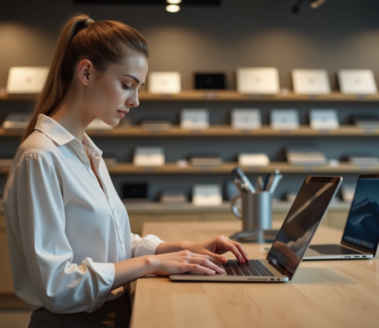 Où acheter votre PC portable Dell 14 pouces : comparatif et avis Jeune femme utilisant un ordinateur portable dans un magasin moderne