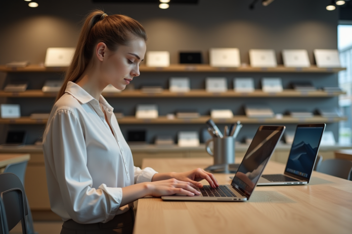 femme-bureau-laptop Jeune femme utilisant un ordinateur portable dans un magasin moderne