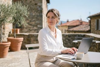 Femme en terrasse de café méditerranéen en réflexion