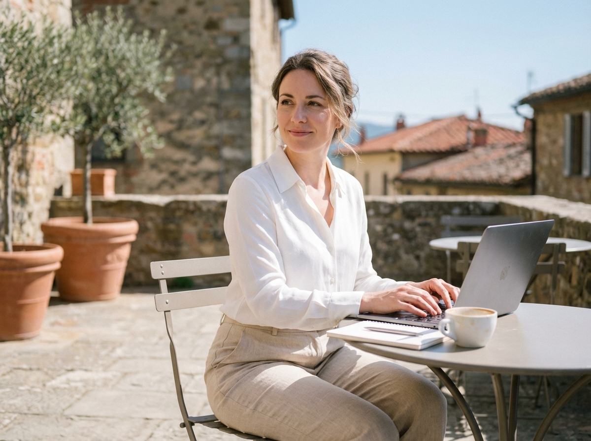 Femme en terrasse de café méditerranéen en réflexion