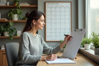 Femme marquant les semaines paires et impaires sur un calendrier mural 2026 dans un bureau à domicile organisé