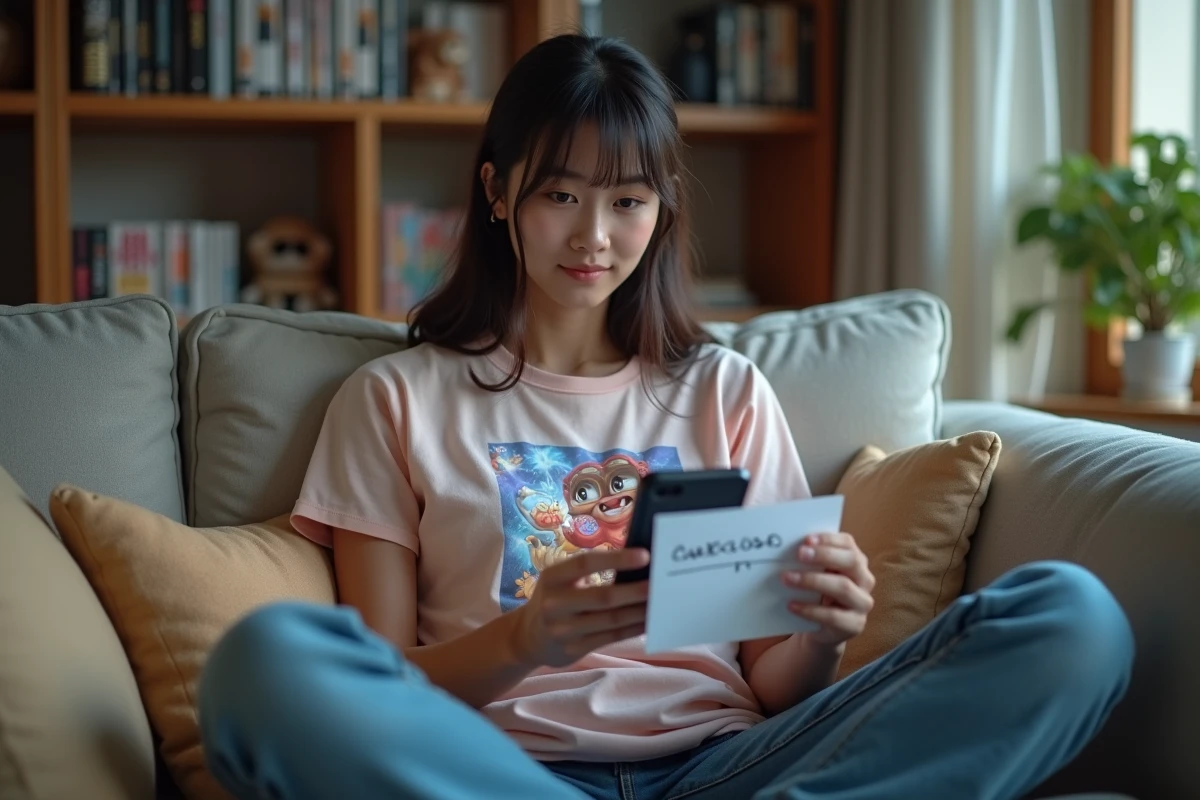 Jeune femme utilisant un code promotionnel sur l'application mobile Anime Last Land depuis son canapé